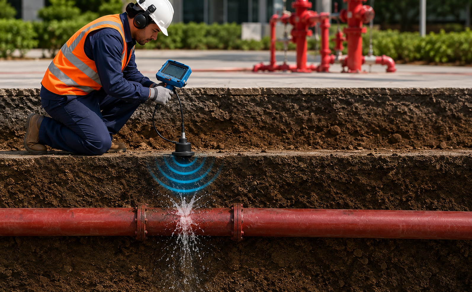 Water leak detection company team working in Qatar for Fire Fighting Line Leak Detection